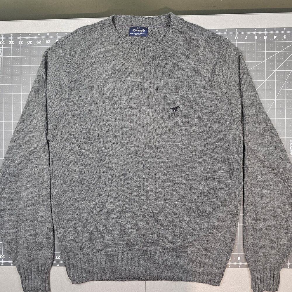 Vintage Wrangler Sweater Medium Gray Western USA Made Preppy Cowboy Retro Read